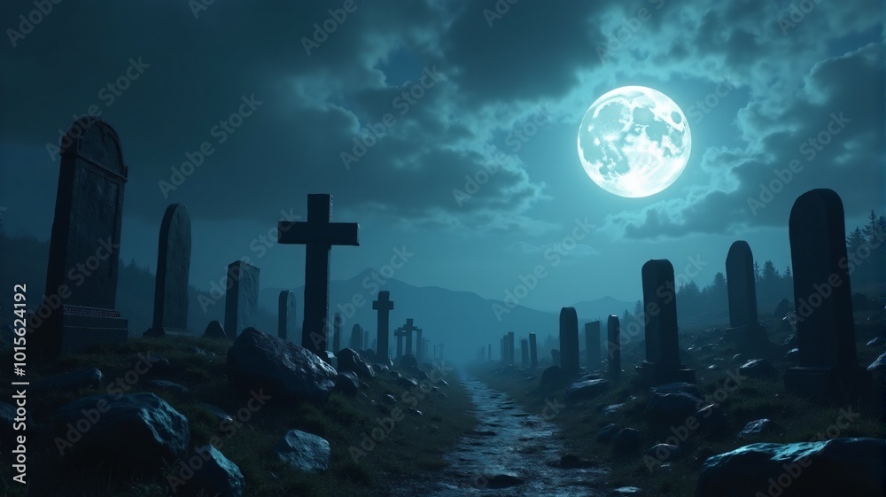 Mystical ancient graveyard under cloudy sky with super moon. Mystical ancient graveyard under cloudy sky with super moon.
