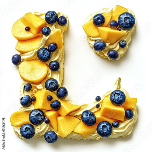 A letter L crafted from soft cream cheese and mixed with mango slices and blueberries, colorful and appealing, for a fruity cheesefont photo