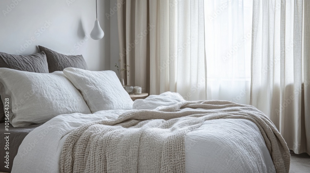 A white bed with gray and white pillows is made with crisp white linens. A gray throw blanket is draped over the bed. White curtains frame a window with sunlight pouring through.