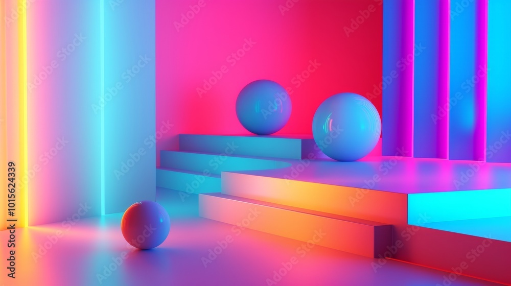 A vibrant, neon-lit room featuring glowing spheres on various platforms, bathed in bold pink, blue, and purple lights. This futuristic setup is perfect for product showcases, creative visuals, or tech A vibrant, neon-lit room featuring glowing spheres on various platforms, bathed in bold pink, blue, and purple lights. This futuristic setup is perfect for product showcases, creative visuals, or tech