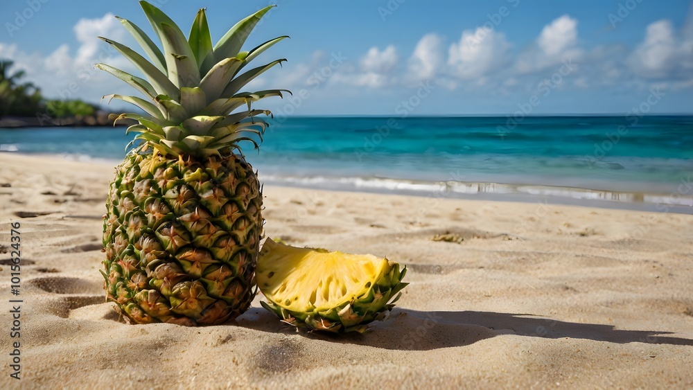 Fresh Pineapple on a Beautiful Beach Landscape ,Tropical Fruit Scene with Golden Sand, Blue Ocean, and Summer Vibes for Vacation, Travel, and Nature-Themed Photography