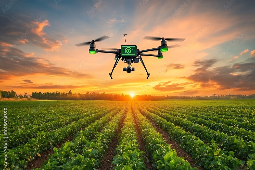 Drone Flying Over a Field at Sunset Drone Flying Over a Field at Sunset