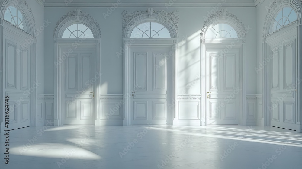 3d rendering of white wooden doors in various stages of opening symbolizing possibilities and transitions set against a minimalist background emphasizing elegance and simplicity in design 3d rendering of white wooden doors in various stages of opening symbolizing possibilities and transitions set against a minimalist background emphasizing elegance and simplicity in design