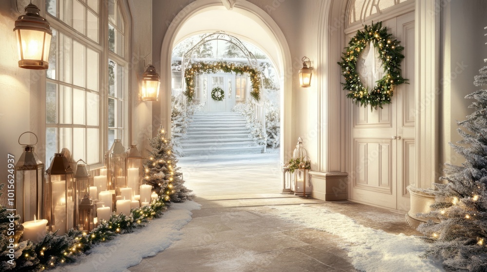 Fototapeta premium Elegant winter entrance adorned with festive decorations