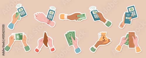 Hand holds money, cash, and card in flat sticker style. Pay with euro, smartphone, and phone in a set. Financial concept with digital economy themes, ideal for business finance graphics.