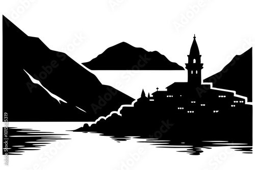 Montenegro Kotor Bay Silhouette with Mountains and Historic Architecture