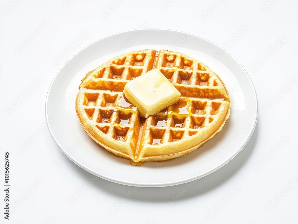 A single waffle topped with melted butter and a generous drizzle of honey Minimalist style with the waffle centered on a white plate A single waffle topped with melted butter and a generous drizzle of honey Minimalist style with the waffle centered on a white plate