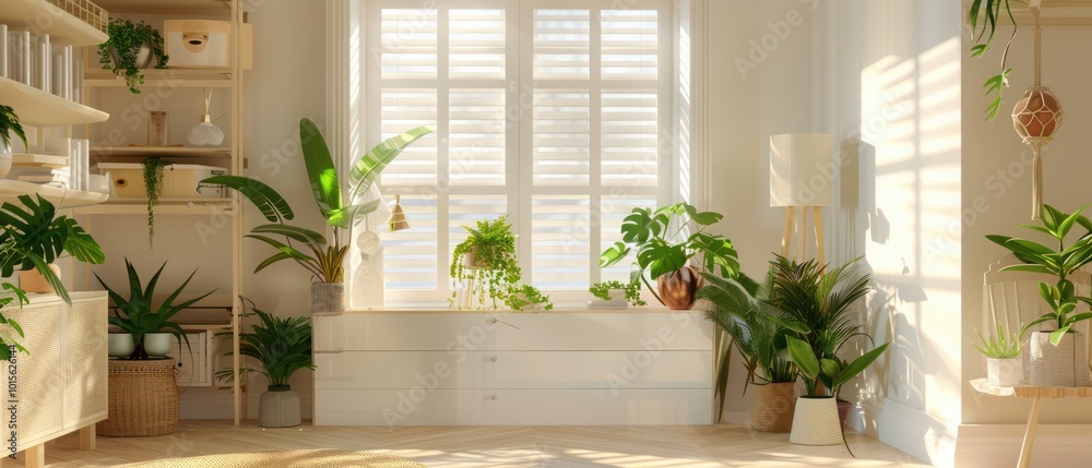Interior of stylish room with houseplants, window, shelving unit and chest of drawers Interior of stylish room with houseplants, window, shelving unit and chest of drawers