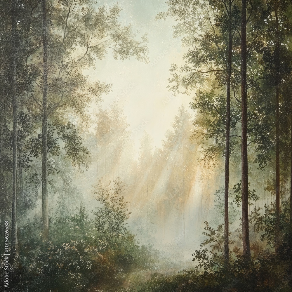 A serene forest scene with mist and sunlight filtering through tall trees, creating a tranquil and magical atmosphere. A serene forest scene with mist and sunlight filtering through tall trees, creating a tranquil and magical atmosphere.