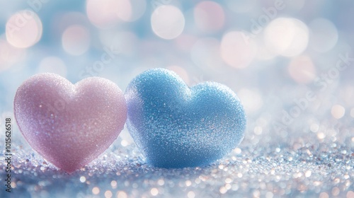 Two sparkling heart-shaped candies on a shimmering background.