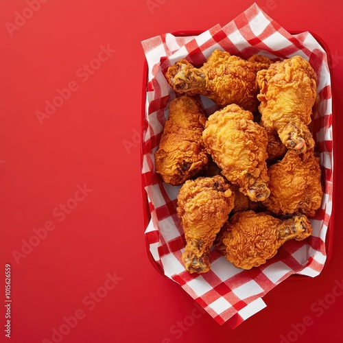 Box of fried chicken pieces with a variety of drumsticks and wings, placed on a red and white checkered napkin White background with copy space for branding or promotional text