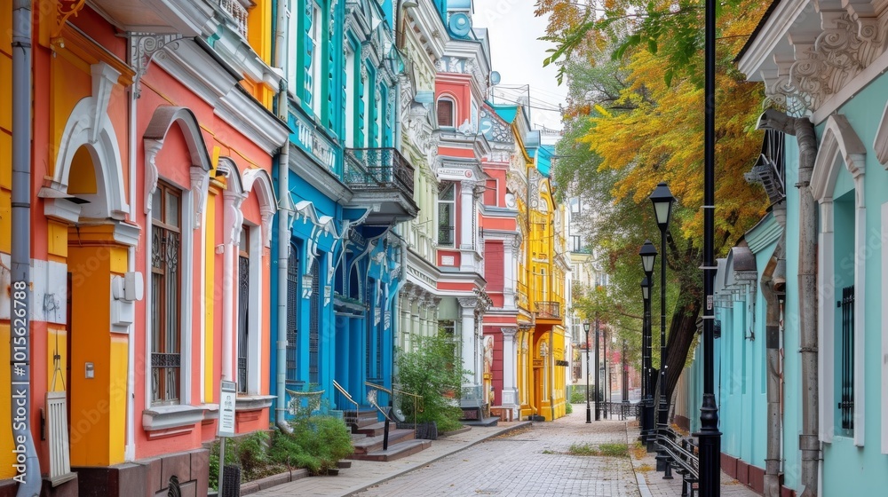 Fototapeta premium A vibrant street scene showcasing colorful historic buildings with ornate facades, captured on a quiet autumn day. The bright architecture contrasts with the soft autumn foliage, creating a charming