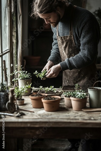 A man in an apron repots plants on a wooden table in a rustic setting. photo