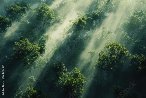 Aerial view of a lush forest with sunlight filtering through dense foliage, creating a serene and peaceful atmosphere.