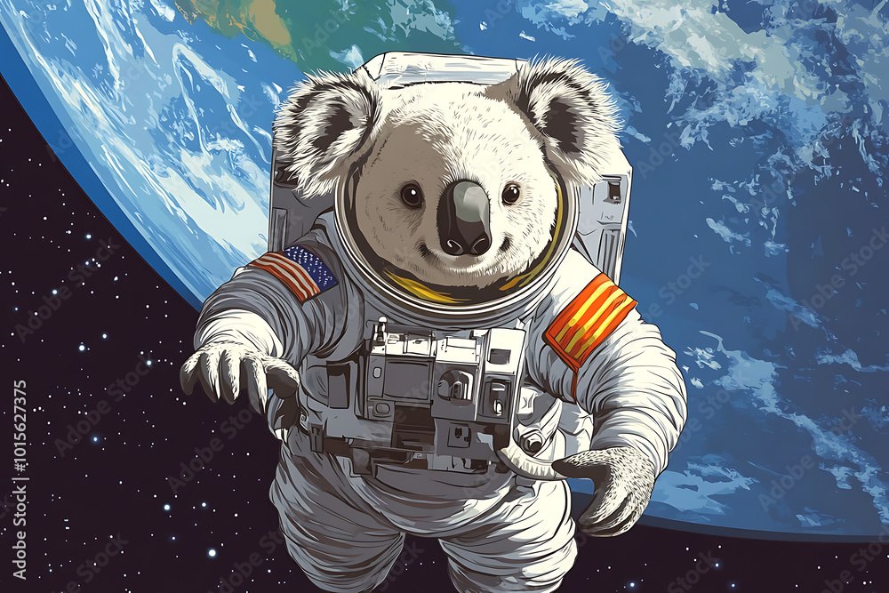 A koala in an astronaut suit floating in space with Earth in the background. A koala in an astronaut suit floating in space with Earth in the background.