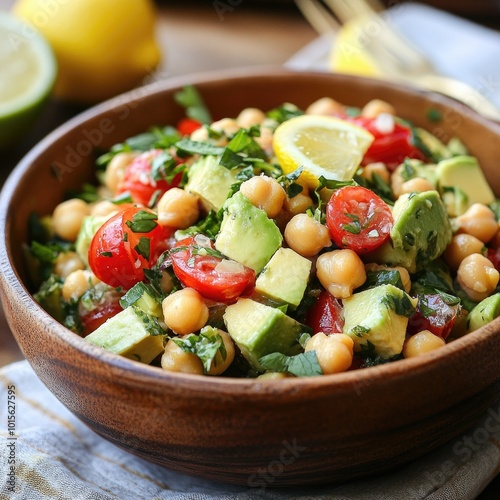 Vibrant chickpea salad featuring fresh vegetables and herbs, garnished with lemon slices for a refreshing taste.