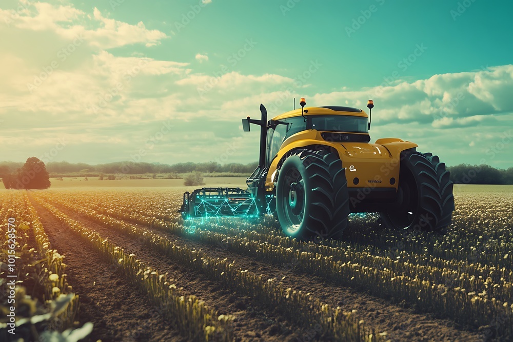 Obraz premium Futuristic Tractor in a Field with Technology Glowing