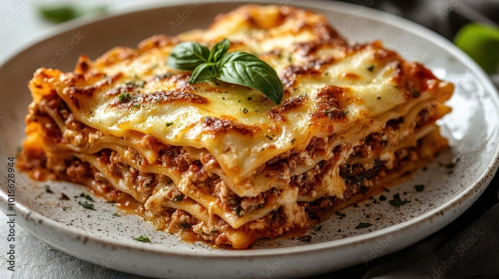 a mouthwatering serving of hot lasagna elegantly plated in a white bowl garnished with a fresh basil leaf set against a clean white background that highlights the dishs rich colors and textures a mouthwatering serving of hot lasagna elegantly plated in a white bowl garnished with a fresh basil leaf set against a clean white background that highlights the dishs rich colors and textures