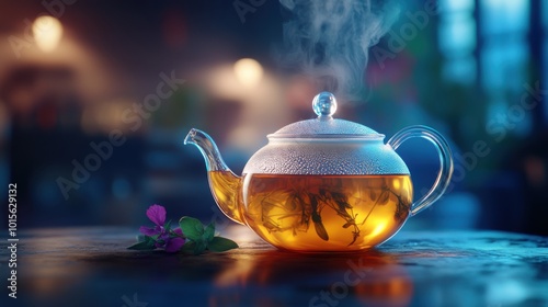 A glass teapot filled with steaming herbal tea on a wooden table, with soft lighting and a cozy atmosphere, perfect for relaxation and warmth.