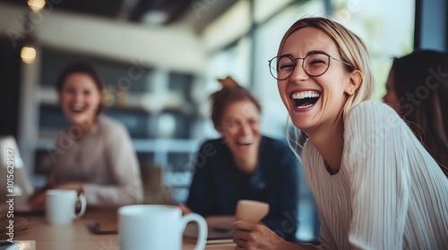 Woman laughing with friends at a table with coffee mugs