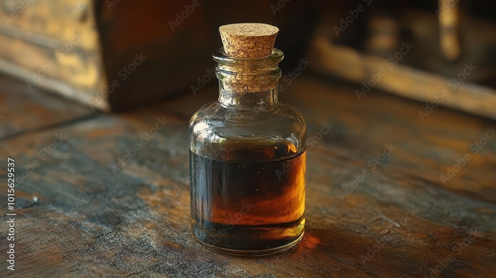 a small glass bottle with a cork stopper filled with a mysterious dark liquid elegantly placed on a plain surface inviting curiosity and intrigue about its contents a small glass bottle with a cork stopper filled with a mysterious dark liquid elegantly placed on a plain surface inviting curiosity and intrigue about its contents