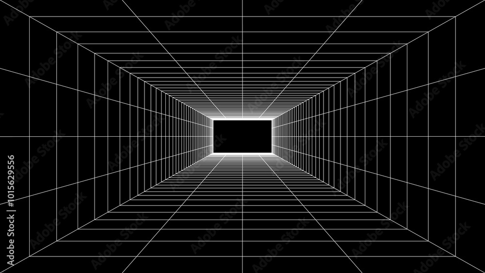 Naklejka premium 奥行きのあるトンネルのワイヤーフレーム 仮想空間背景 ベクター素材