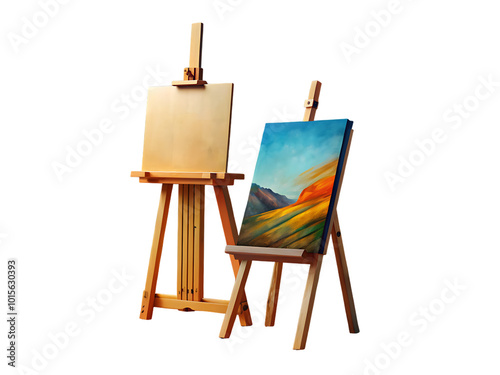 Canvas and easel photograph isolated on transparent background