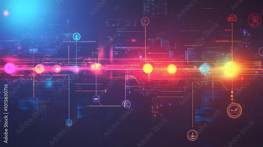 Fototapeta premium A vibrant digital network visualization with colorful nodes and connections, representing technology and innovation.