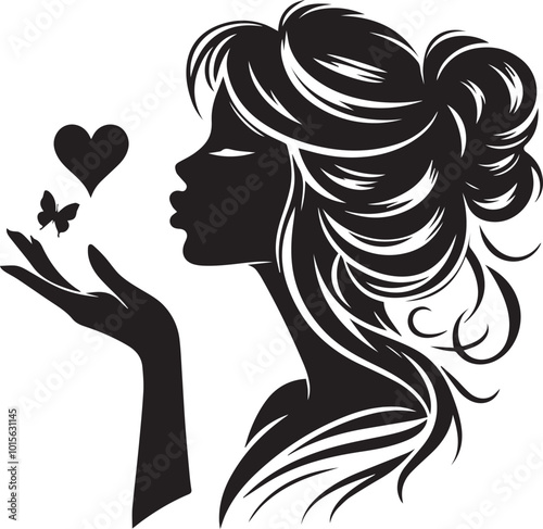 Black Pretty girl sending air kiss, Woman profile stencil drawing black silhouette isolated on white background