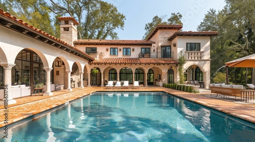 A Mediterranean villa with terracotta tiles and arched entryways and a serene pool