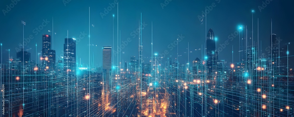 Futuristic city skyline illuminated by digital lights, showcasing technology and urban innovation at night. Futuristic city skyline illuminated by digital lights, showcasing technology and urban innovation at night.