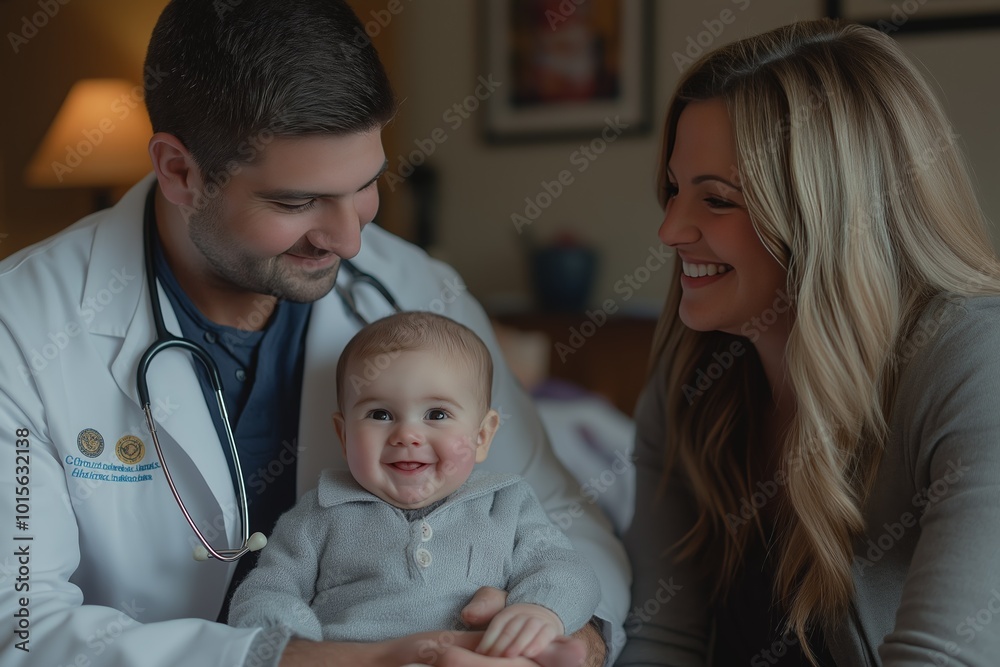 Happy baby at a pediatric appointment with a male doctor and mother, showing care and affection