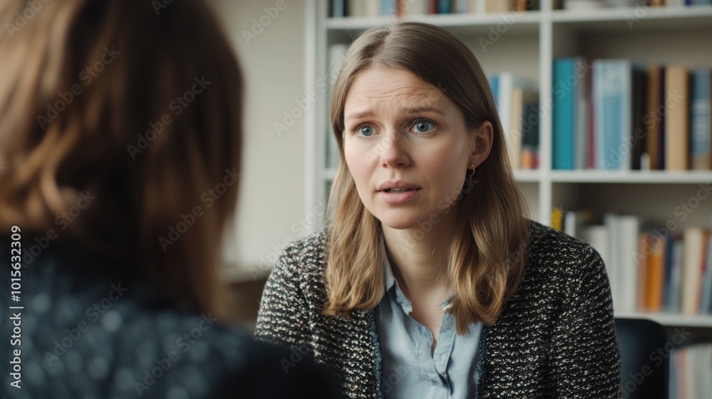 A woman appears concerned while conversing with another person in a professional setting.