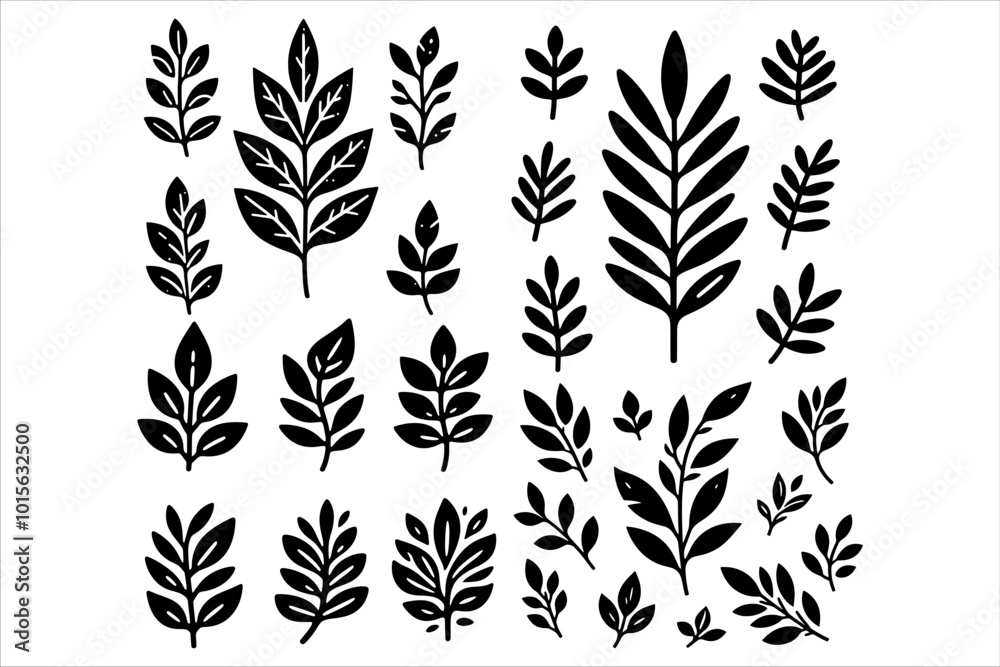 Fototapeta premium Hand Drawn Leaves Icon silhouette set. Minimalistic Black And White Hand Drawn Leaves Vector set.