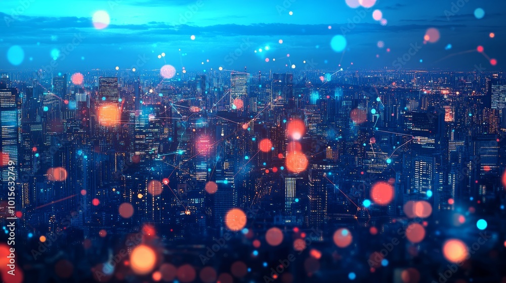 A panoramic night view of a modern city skyline with digital connections and data streams illuminating the urban landscape. A panoramic night view of a modern city skyline with digital connections and data streams illuminating the urban landscape.