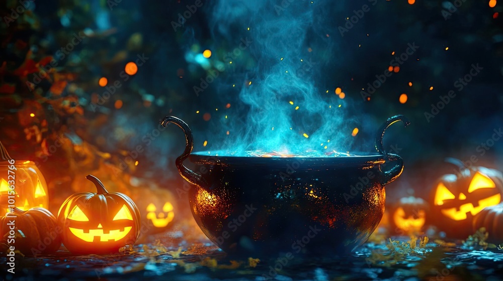 A mystical cauldron surrounded by glowing jack-o'-lanterns in a dark, enchanting atmosphere, perfect for Halloween themes. A mystical cauldron surrounded by glowing jack-o'-lanterns in a dark, enchanting atmosphere, perfect for Halloween themes.