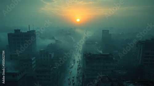 Dense, toxic dust clouds the morning air in Dhaka, Bangladesh, a city with millions of people battling severe air pollution. photo