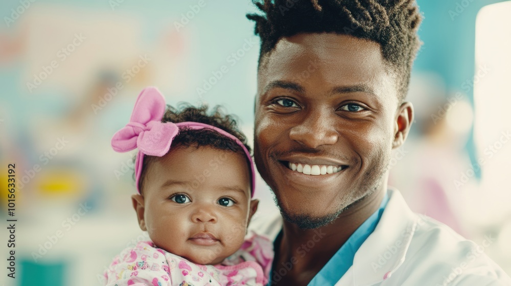 Fototapeta premium The pediatrician happily engages with a baby, providing care in a colorful clinic environment, fostering trust and comfort