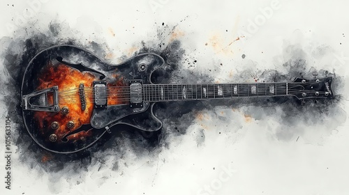 an artistic graphite poster featuring a guitar capturing the essence of music with intricate shading and detail set against a minimalist background emphasizing the instruments beauty photo