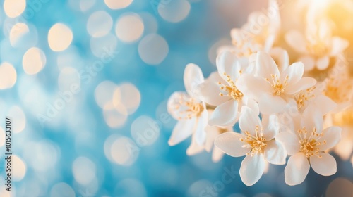 Soft white flowers contrast beautifully with a calming blue gradient, evoking a sense of peace and natural beauty in the setting