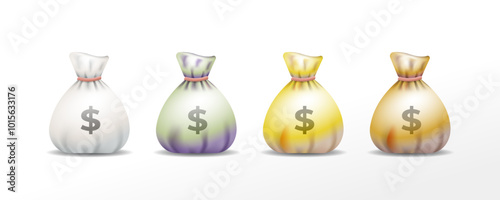 Set of Moneybags in various colors isolated on white background. Metallic color Money bag with a dollar sign icon. Symbolizing Growth income, savings, investment, wealth, and financial prosperity