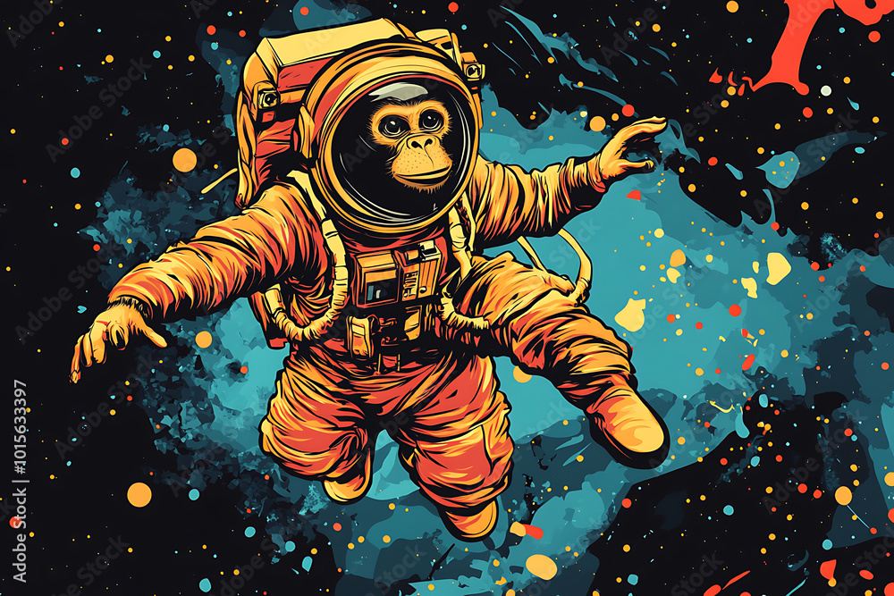 Fototapeta premium A colorful illustration of a monkey astronaut floating in space against a vibrant cosmic background.