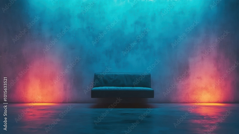 A serene environment showcases a minimalist sofa against an empty wall, softly lit with blue and orange hues creating a calm atmosphere A serene environment showcases a minimalist sofa against an empty wall, softly lit with blue and orange hues creating a calm atmosphere