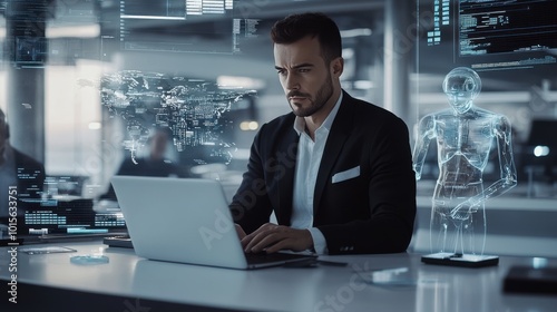 businessman works on a laptop surrounded by holographic data, including an AI figure and global charts, representing innovation and the future of technology in business analytics.