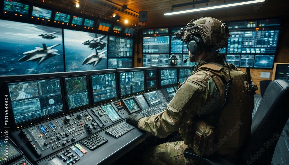 A military operator in tactical gear looks at a control room with multiple screens A military operator in tactical gear looks at a control room with multiple screens