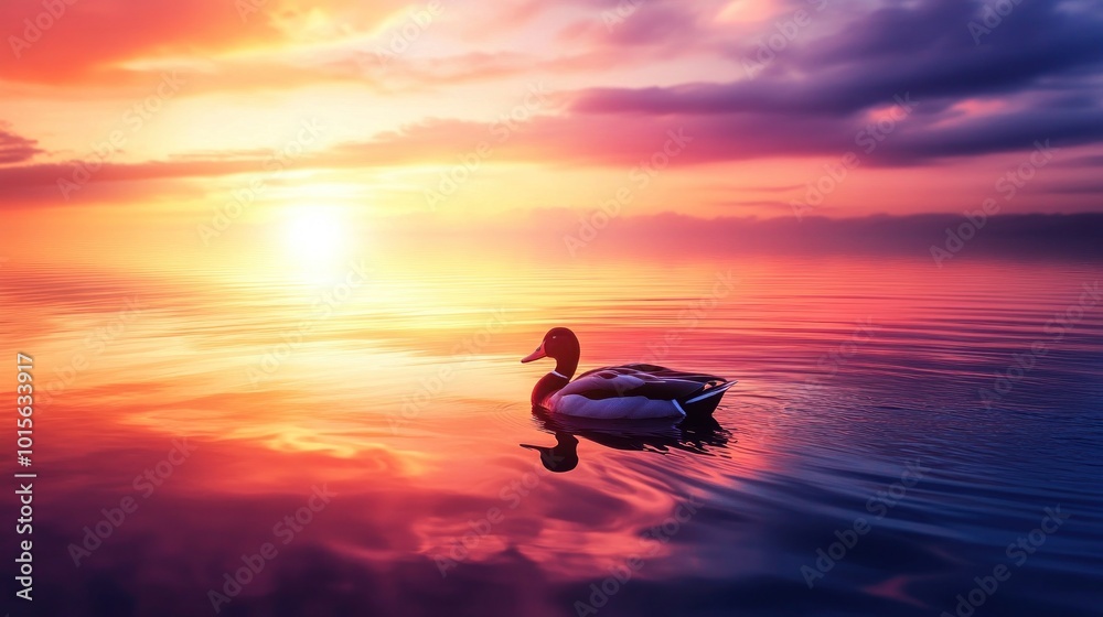 Fototapeta premium A serene sunset over water with a duck gliding peacefully.