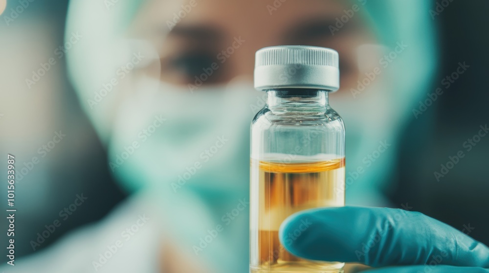 A scientist in protective gear carefully holds a vial of liquid, focusing on experiments in a laboratory filled with test tubes