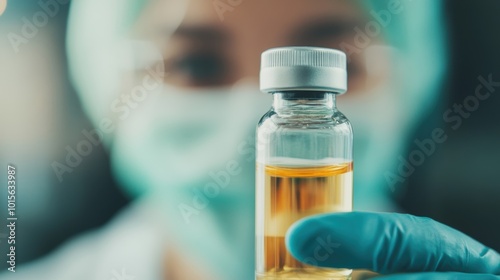 A scientist in protective gear carefully holds a vial of liquid, focusing on experiments in a laboratory filled with test tubes