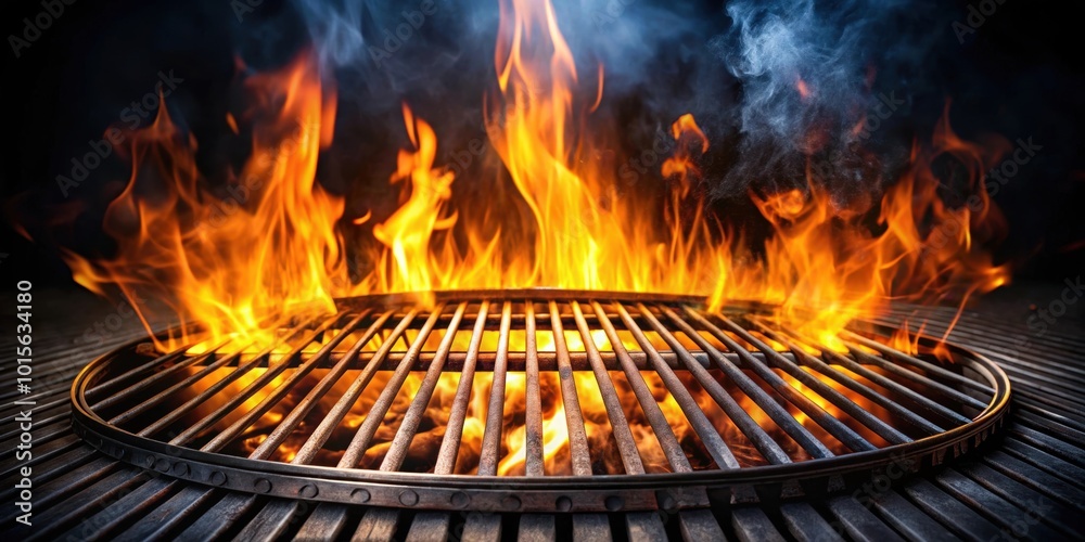 An empty flaming charcoal grill with open fire, grilling, BBQ, cookout, outdoor cooking, flames, hot An empty flaming charcoal grill with open fire, grilling, BBQ, cookout, outdoor cooking, flames, hot