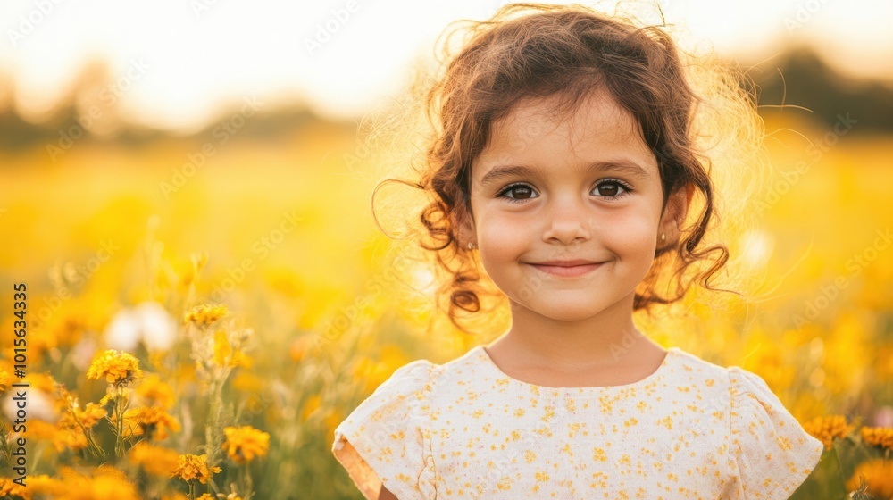 A joyful girl stands amidst a wildflower field, smiling brightly as the golden sunset illuminates the blossoms around her A joyful girl stands amidst a wildflower field, smiling brightly as the golden sunset illuminates the blossoms around her